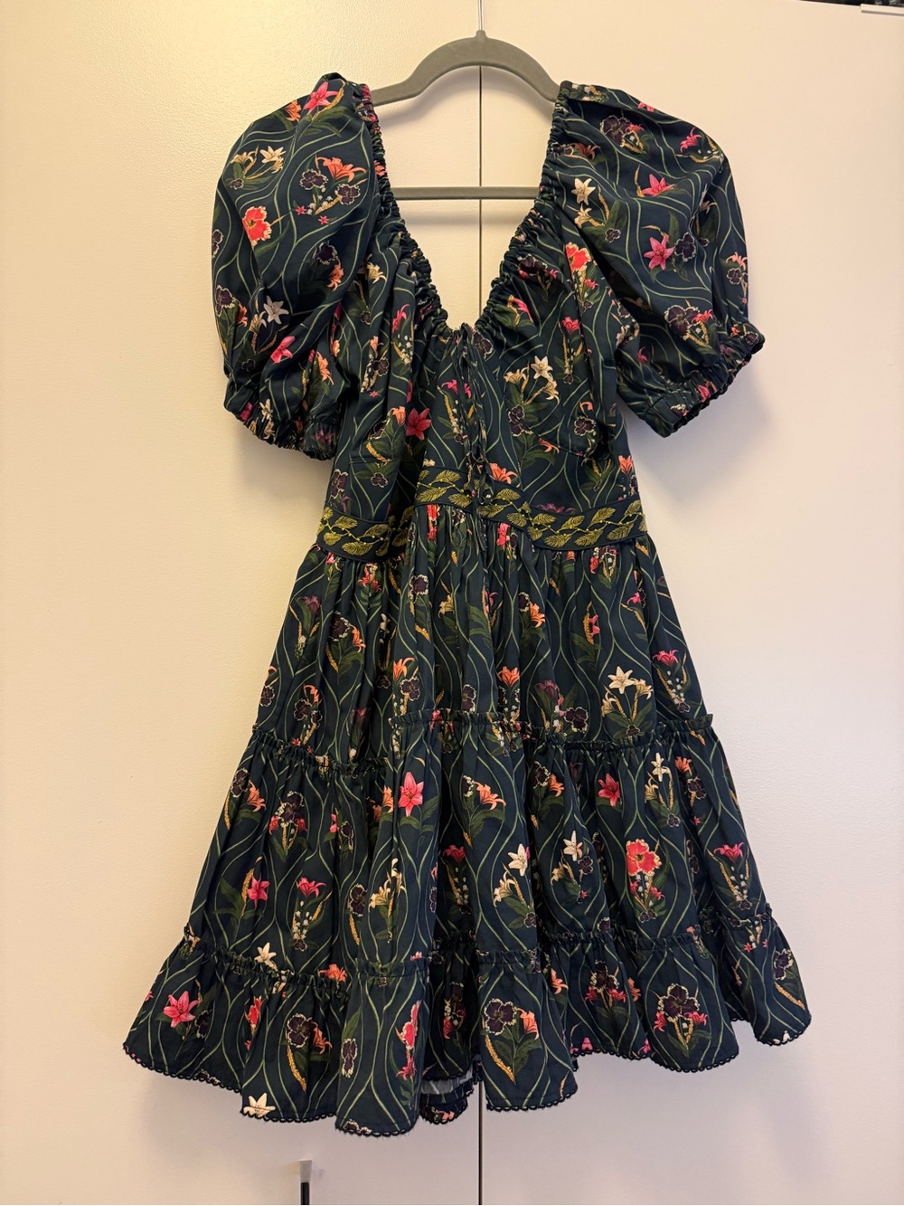 Agua by Agua Bendita Dark Green Floral Puff-Sleeve Mini Dress